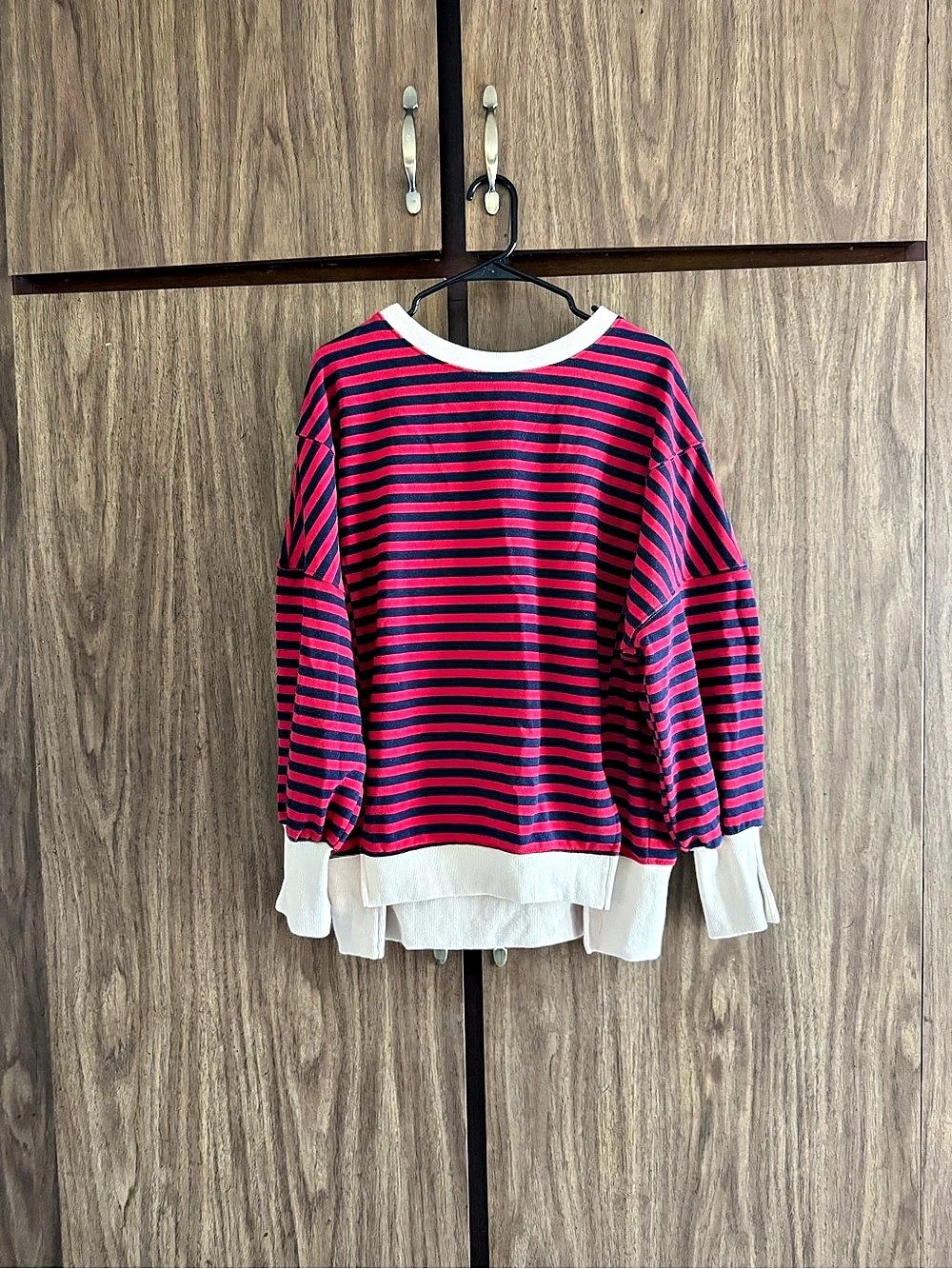 Trendy Queen Striped Cotton Blend Oversized Sweatshirt Red & Navy Size Medium